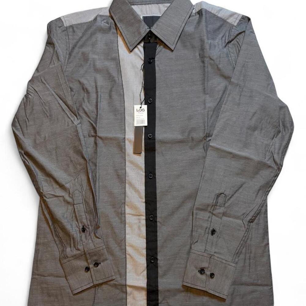Lg wear men’s Gray button-up shirt with black vertical stripe down the center si